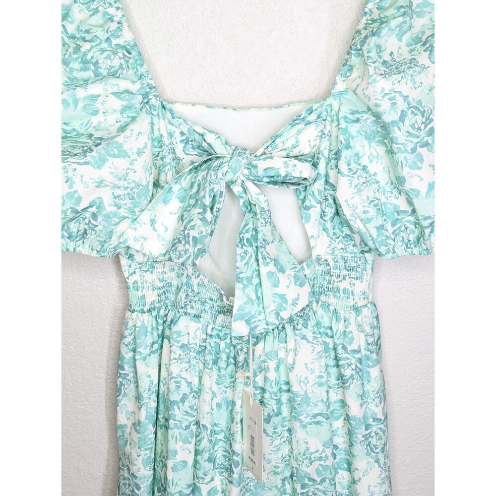 NWT White Green Floral Cottage Coquette Boutique Dress Sz M Puff Sleeve Bow - Picture 3 of 12